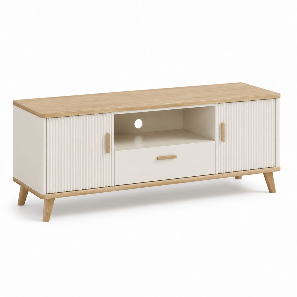 Mobile porte TV rectangulaire en MDF et panneau à outils, blanc mat et chêne naturel, 140 × 40 × 60 cm