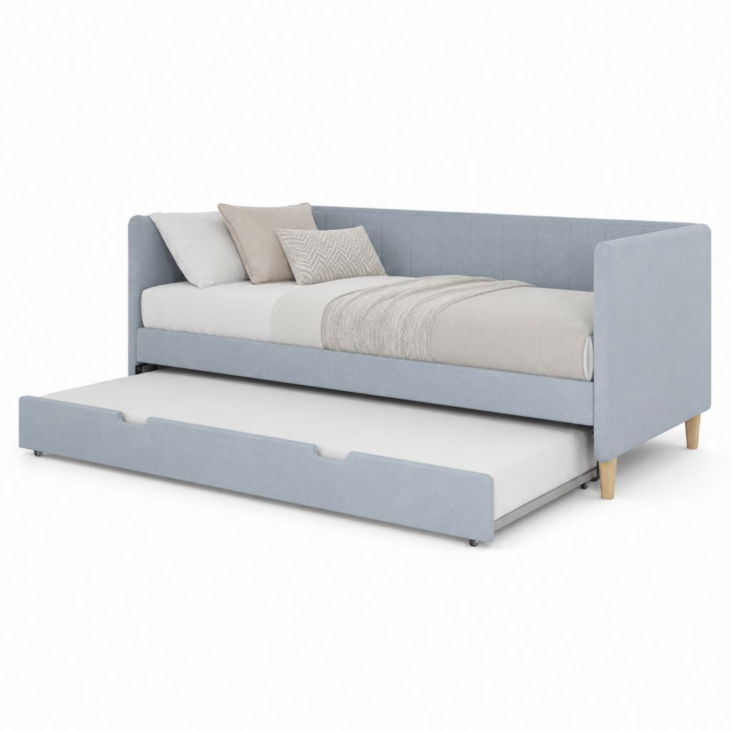 Canapé-lit 2 places en polyester bleu clair, pour 2 matelas de 90 × 190 cm, dimensions 205 × 100 × 80 cm