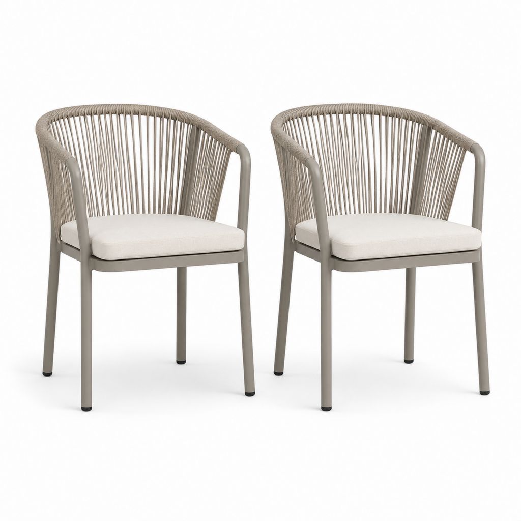 Ensemble de 2 chaises d'extérieur avec accoudoirs en aluminium et corde de polyester, tourterelle et beige, 58 × 60 × 80 cm