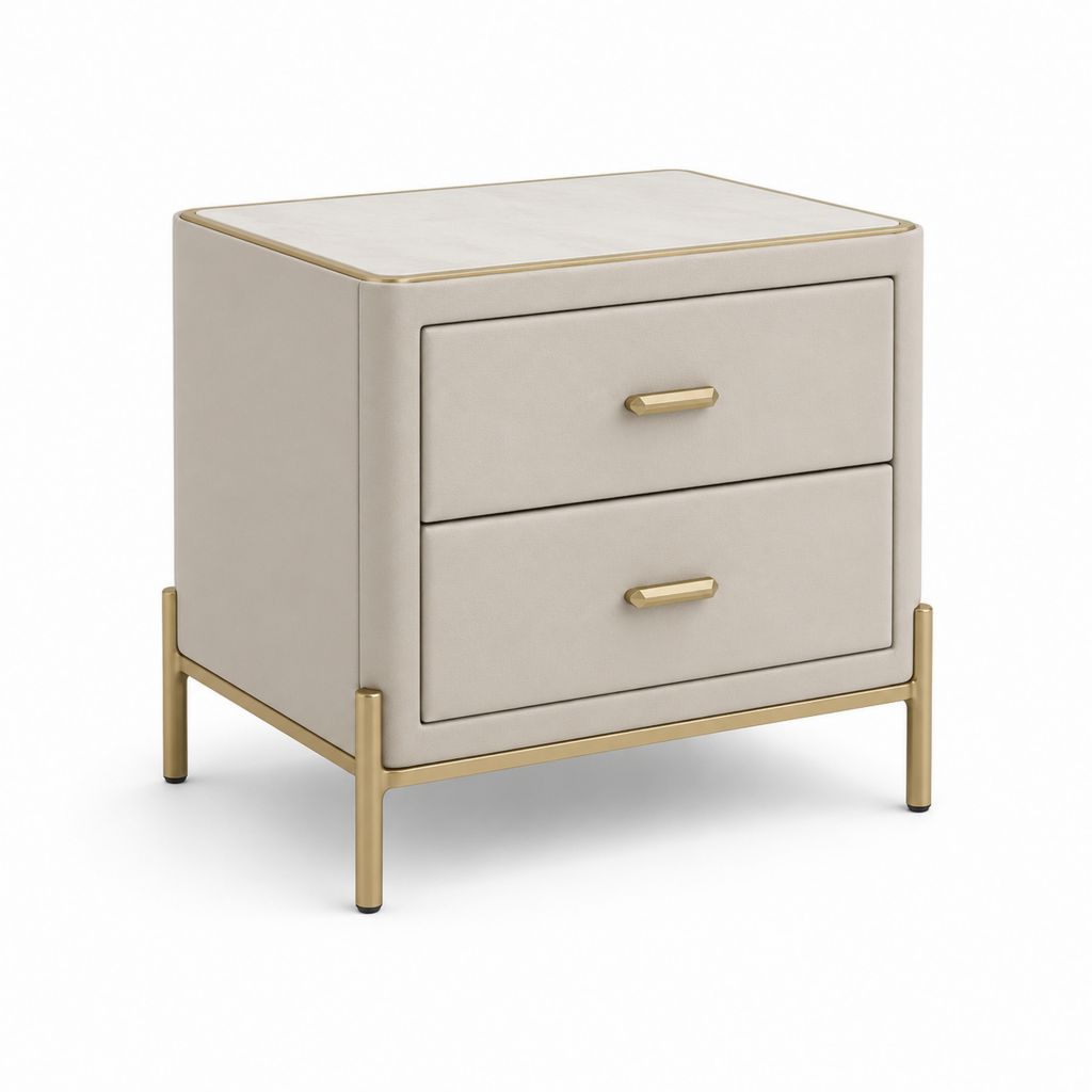Table de nuit rectangulaire avec 2 tiroirs en cuir synthétique PU et acier, beige et or, 50 × 40 × 58 cm