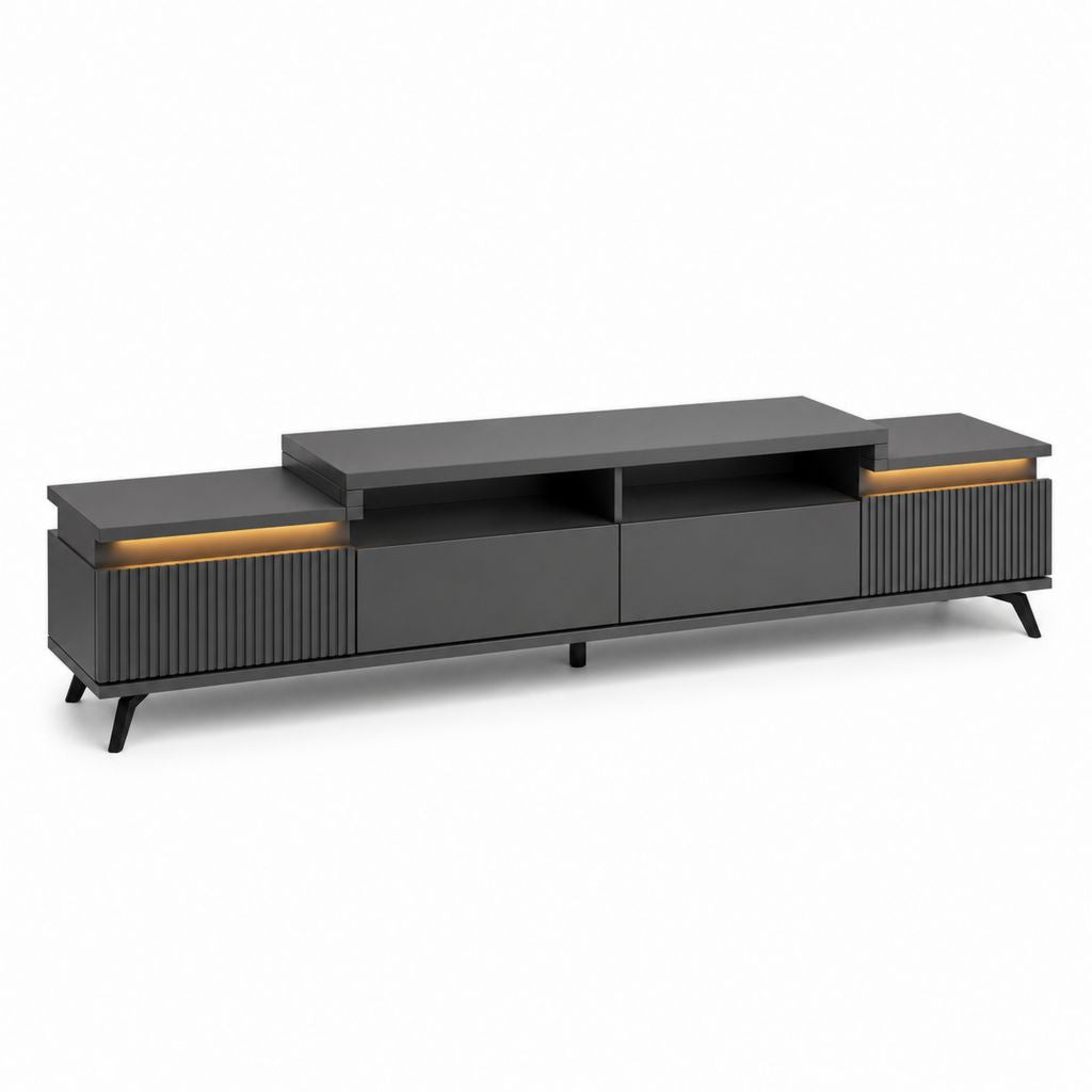 Mobile TV rectangulaire avec éclairage LED en bois et métal, noir et anthracite, 200 × 40 × 55 cm
