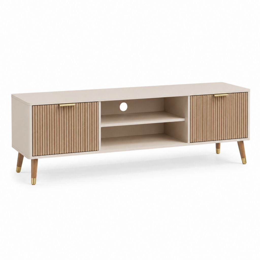 Mobile TV rectangulaire en MDF tourterelle et chêne naturel avec 2 portes rainurées et 2 compartiments ouverts, 160 × 40 × 60 cm