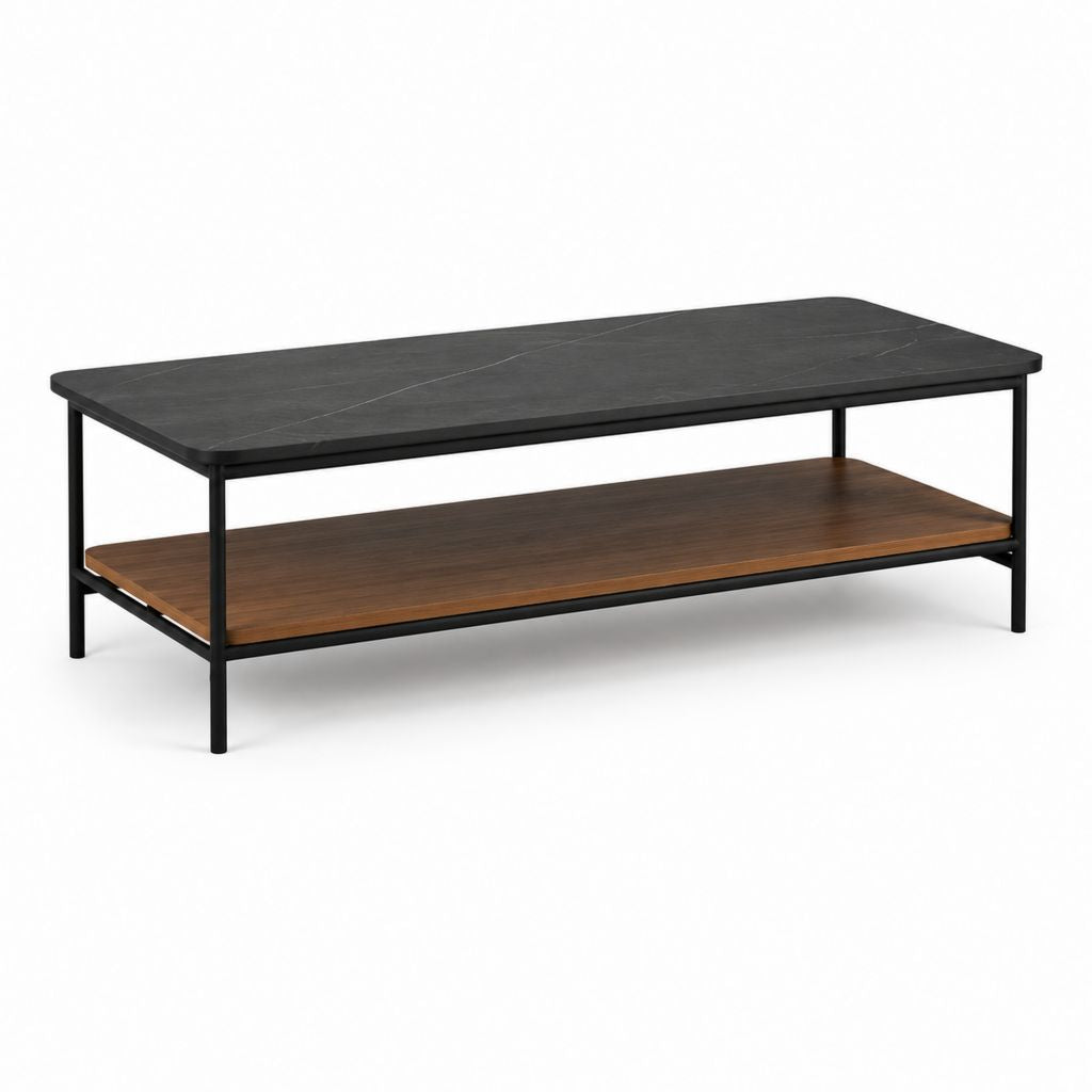 Table basse rectangulaire en bois et métal, noir et brun noyer, 110 × 55 × 45 cm