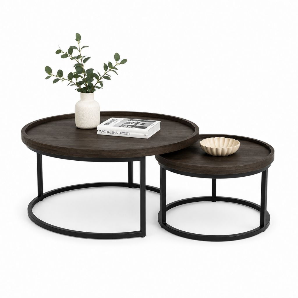 Ensemble de 2 tables basses rondes superposables en MDF plaqué et acier, brun noyer foncé et noir, Ø 80 × H 45 cm et Ø 60 × H 38 cm