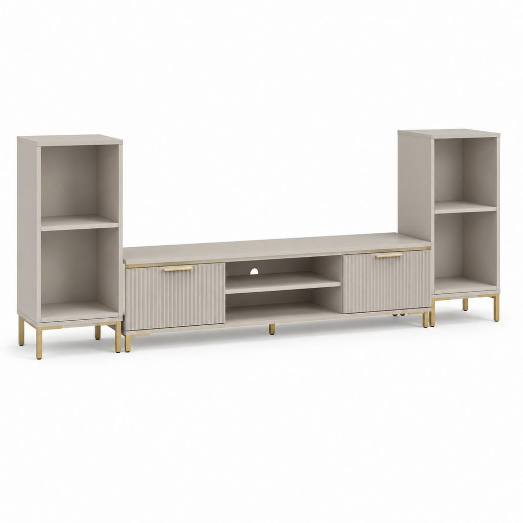 Mur équipé TV 3 pièces avec mobile bas et 2 colonnes en bois, MDF et acier, tourterelle et or, 250 × 40 × 140 cm
