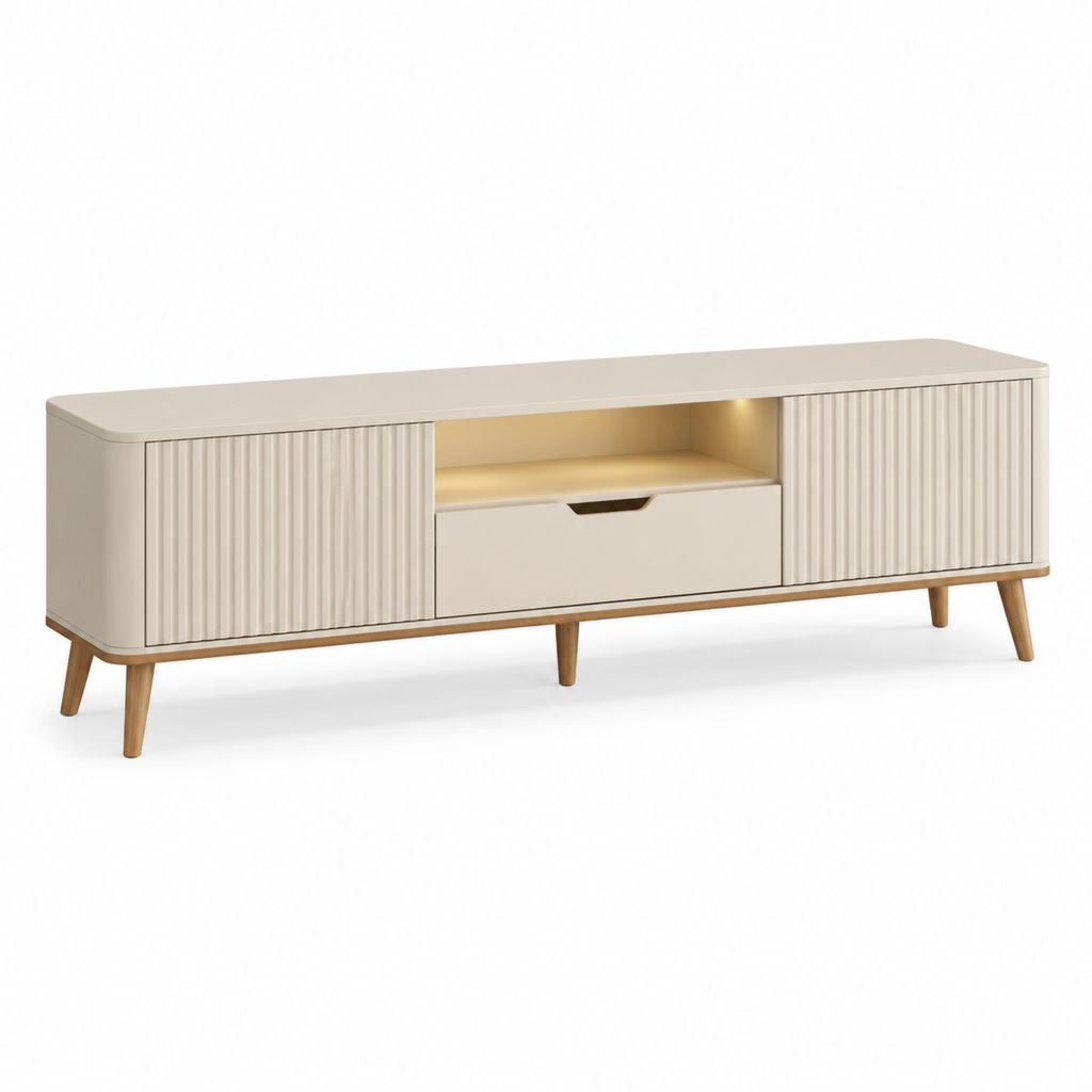 Mobile TV rectangulaire en MDF beige et chêne naturel avec pieds en bois massif, 2 portes, 1 tiroir et compartiment ouvert, 180 × 40 × 58 cm
