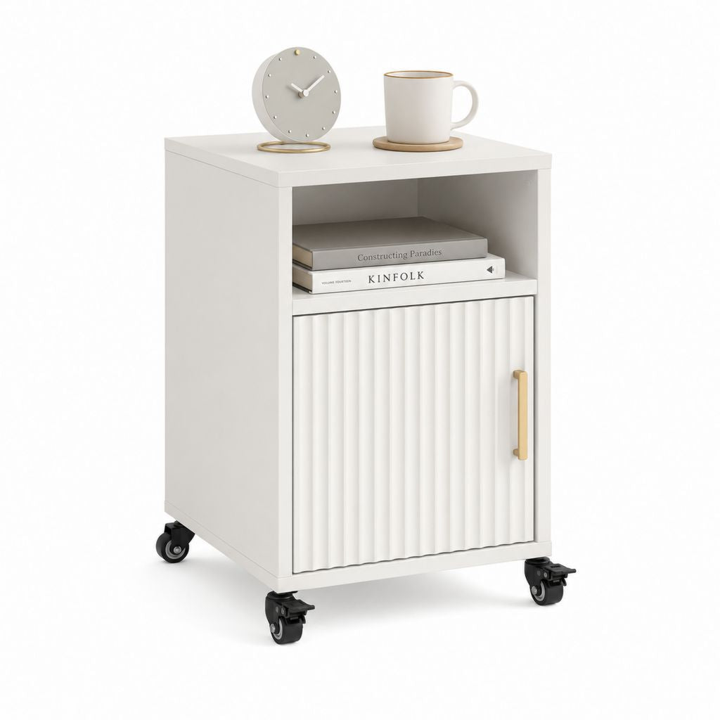 Table de chevet mobile en panneau de maquillage et MDF blanc avec porte rainurée, compartiment ouvert et 4 roues, 45 × 40 × 65 cm