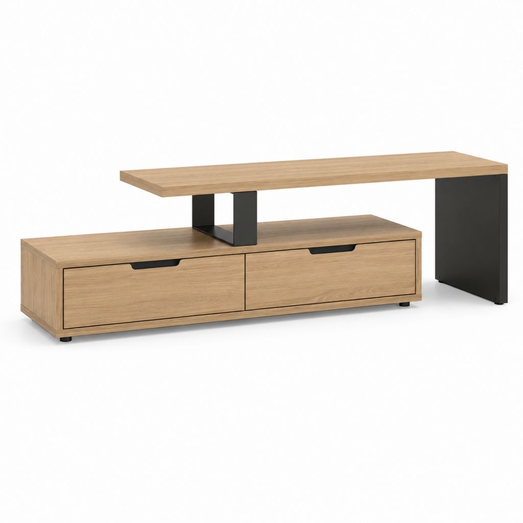 Mobile porte TV rectangulaire en bois et acier, chêne naturel et noir, avec 2 tiroirs et plateau élevé, 180 × 40 × 60 cm
