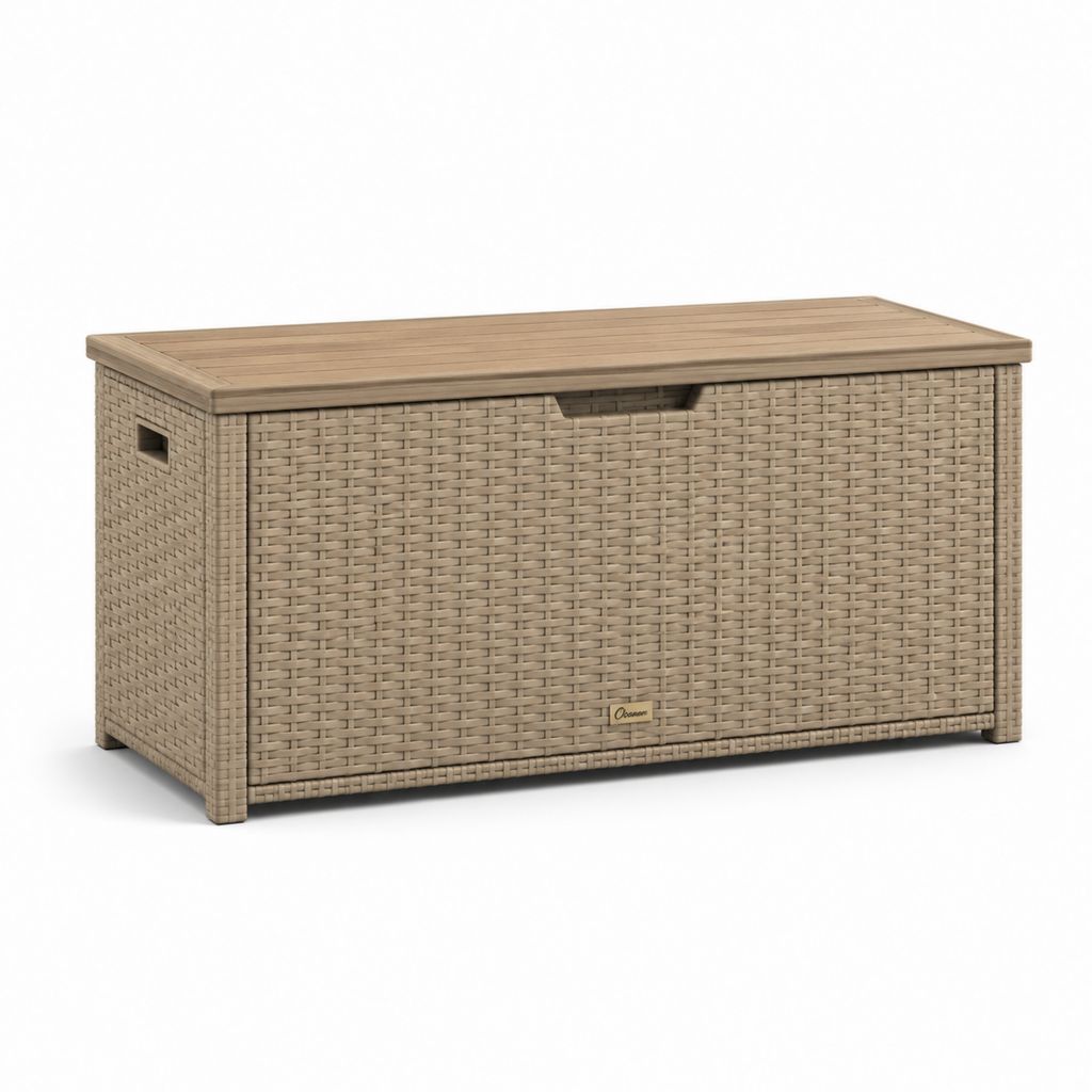 Baules de rangement rectangulaire d'extérieur en résine tressée PE, métal et bois, tourterelle et brun naturel, 120 × 55 × 60 cm