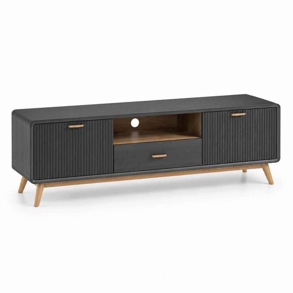 Mobile TV rectangulaire en bois et MDF, 2 portes, 1 tiroir et compartiment ouvert, noir et noyer naturel, 160 × 40 × 58 cm