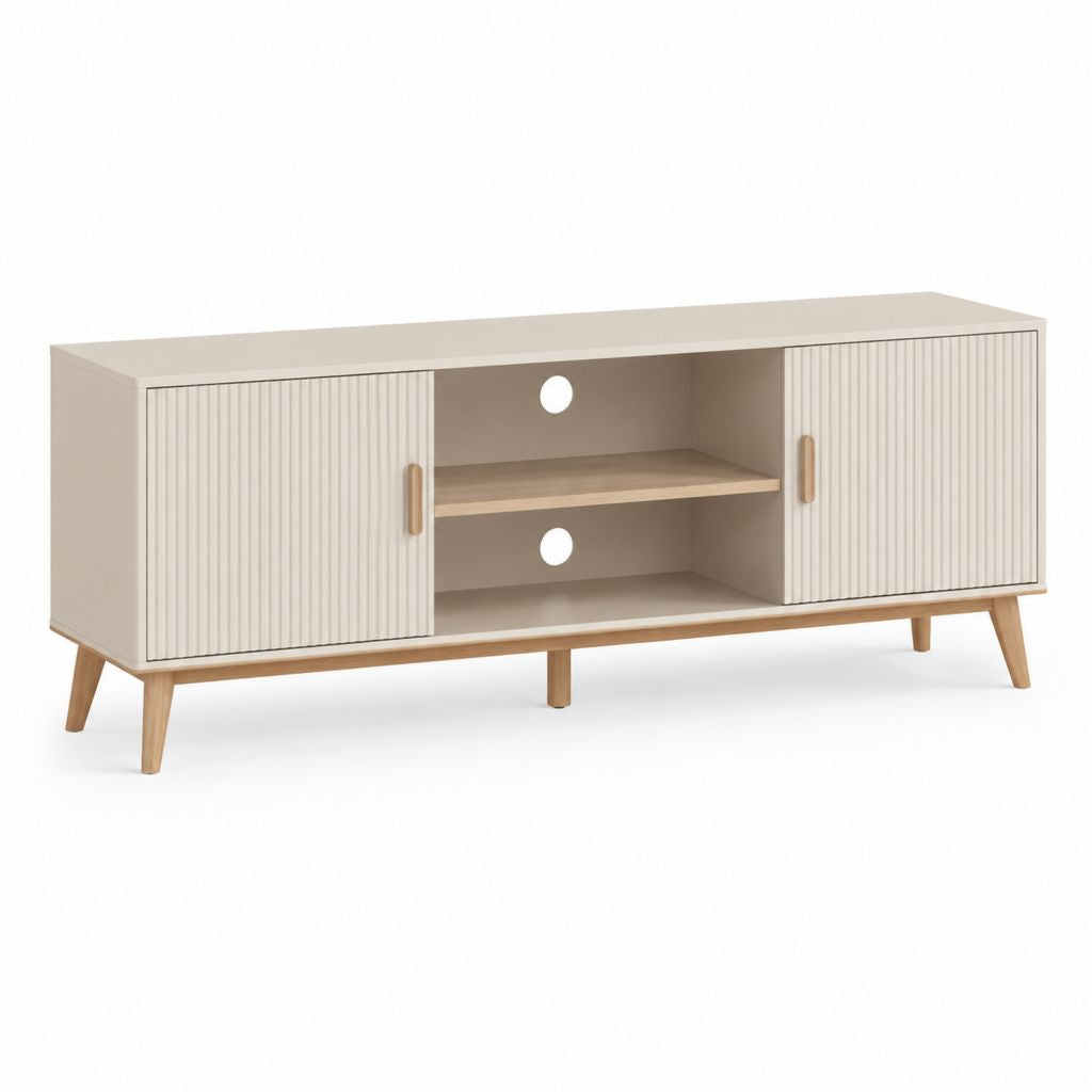 Mobile TV rectangulaire en bois avec 2 portes rainurées, 2 compartiments ouverts et passe-câbles, beige et chêne naturel, 140 × 40 × 60 cm