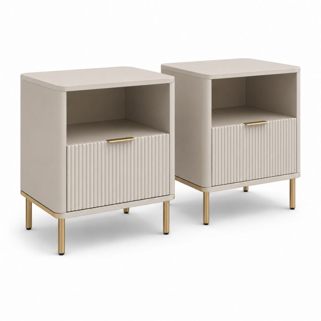 Paire de tables de chevet rectangulaires en MDF et acier tourterelle et or avec tiroir et compartiment ouvert, 45 × 40 × 60 cm