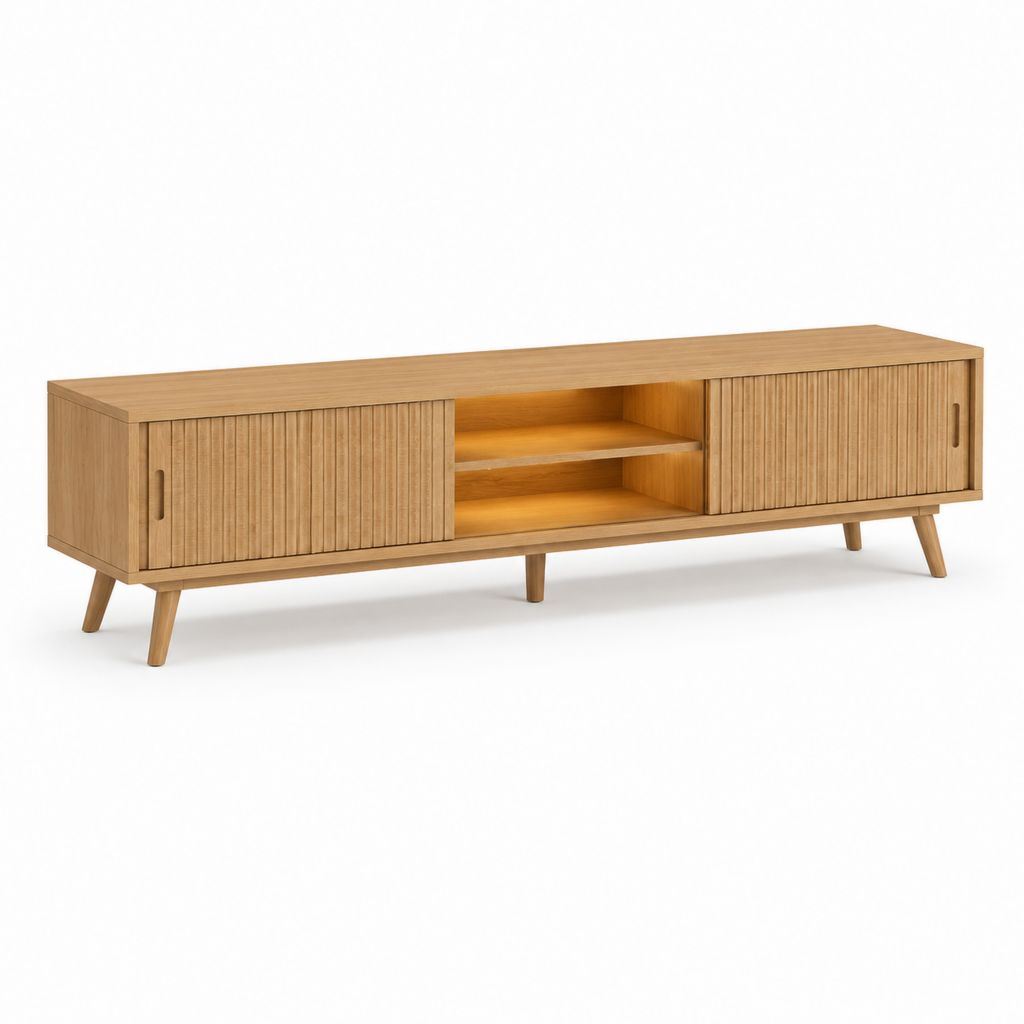 Mobile TV rectangulaire en MDF plaqué chêne avec 2 portes coulissantes et étagère ouverte, brun clair, 180 × 40 × 55 cm