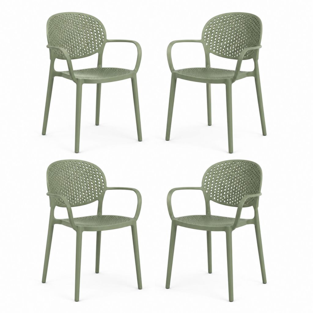 Ensemble de 4 chaises empilables d'extérieur en polypropylène vert olive avec accoudoirs, 57 × 55 × 81 cm