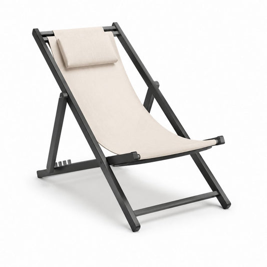 Chaise longues pliante d'extérieur en acier et tissu, inclinable, beige et noir, 96 × 59 × 101 cm