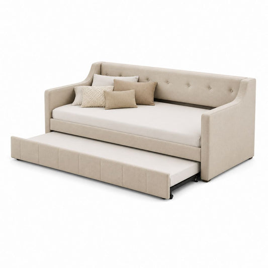 Ensemble canapé lit beige 215 × 100 × 88 cm avec 2 matelas 90 × 200 cm en polyester