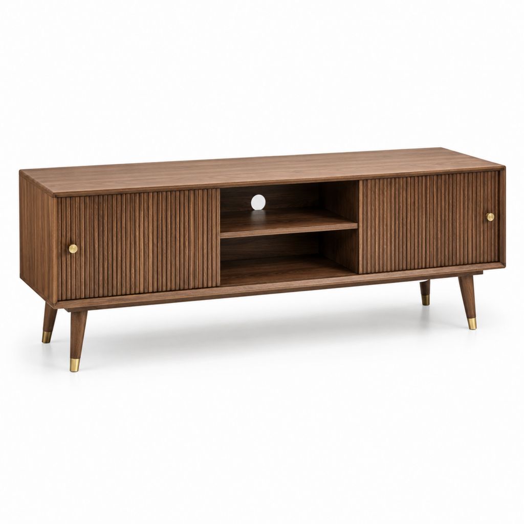 Mobile TV en MDF plaqué avec 2 portes et 2 compartiments ouverts, brun noyer et laiton, 140 × 40 × 55 cm