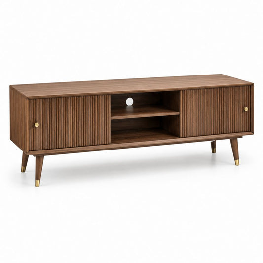 Mobile TV en MDF plaqué avec 2 portes et 2 compartiments ouverts, brun noyer et laiton, 140 × 40 × 55 cm