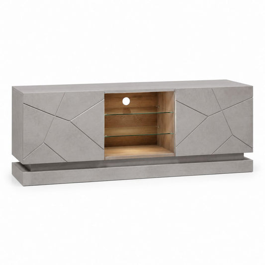Mobile TV rectangulaire en MDF avec 2 portes et 2 étagères en verre, gris ciment et chêne, 180 × 45 × 70 cm