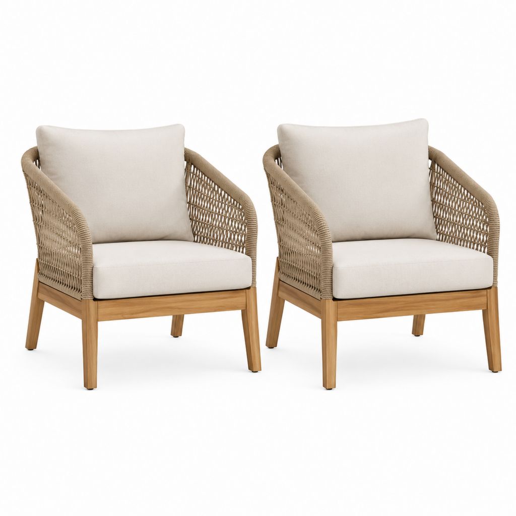 Couple de fauteuils de jardin pour extérieur avec accoudoirs en bois, corde beige et coussins écru, 73 × 78 × 82 cm