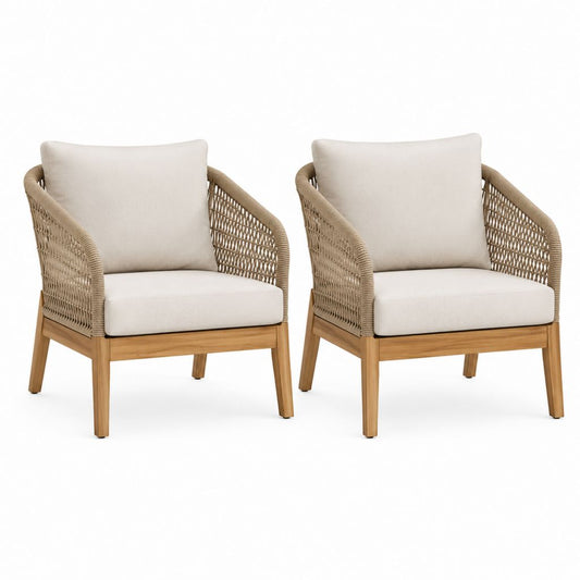 Couple de fauteuils de jardin pour extérieur avec accoudoirs en bois, corde beige et coussins écru, 73 × 78 × 82 cm