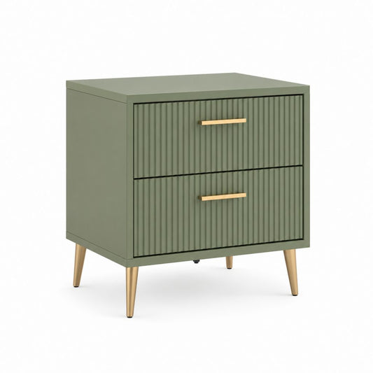 Table de nuit rectangulaire avec 2 tiroirs en MDF et acier, vert olive et or, 50 × 40 × 60 cm