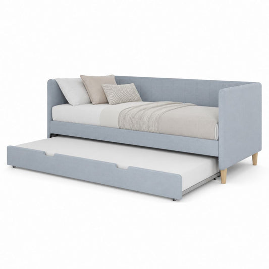 Canapé-lit 2 places en polyester bleu clair, pour 2 matelas de 90 × 190 cm, dimensions 205 × 100 × 80 cm