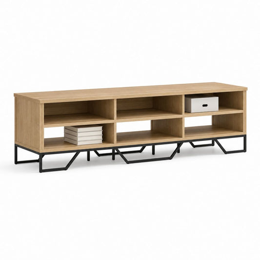 Mobile TV rectangulaire en bois et acier avec 6 compartiments ouverts, chêne naturel et noir, 180 × 40 × 65 cm