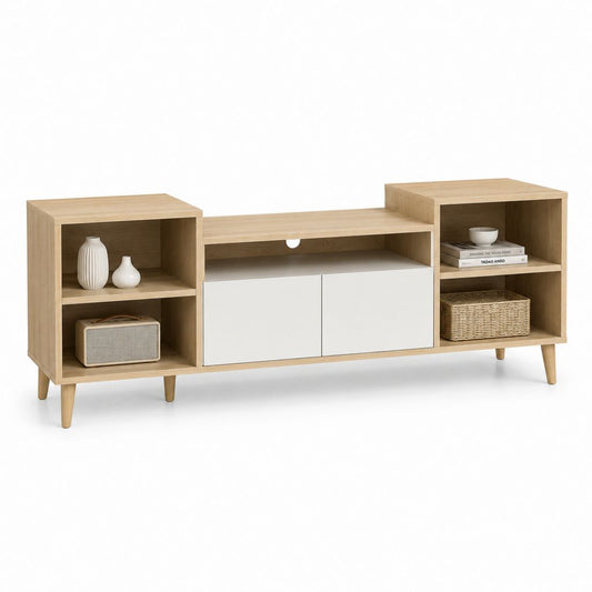 Mobile TV rectangulaire avec portes et compartiments ouverts en chêne naturel et blanc, 180 × 40 × 75 cm