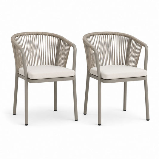 Ensemble de 2 chaises d'extérieur avec accoudoirs en aluminium et corde de polyester, tourterelle et beige, 58 × 60 × 80 cm