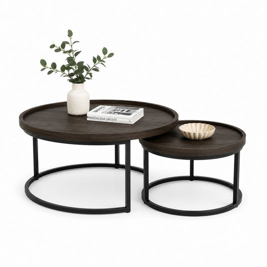 Ensemble de 2 tables basses rondes superposables en MDF plaqué et acier, brun noyer foncé et noir, Ø 80 × H 45 cm et Ø 60 × H 38 cm