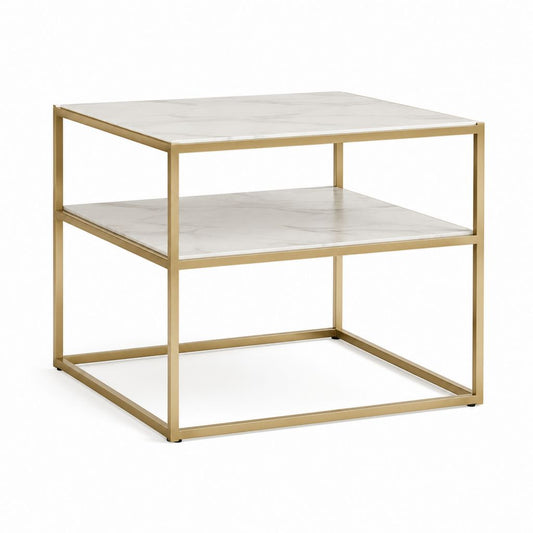 Table basse carrée à 2 étagères en MDF effet marbre blanc et gris avec cadre en acier doré, 60 × 60 × 55 cm