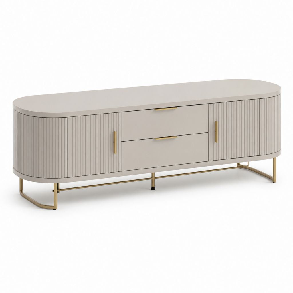 Mobile TV en MDF et acier avec 2 portes rainurées et 2 tiroirs, gris et or, 160 × 40 × 70 cm