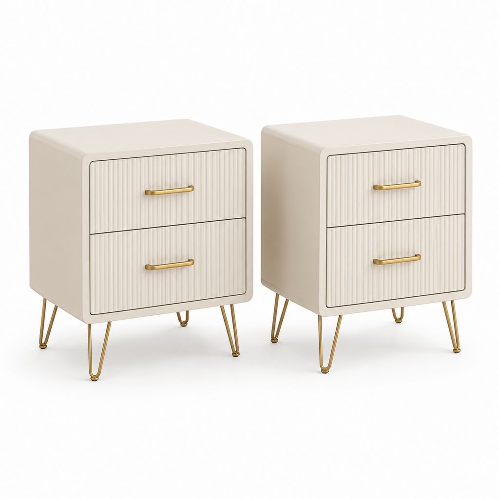 Ensemble de 2 tables rectangulaires avec 2 tiroirs en MDF et acier, crème et or, 40 × 35 × 55 cm