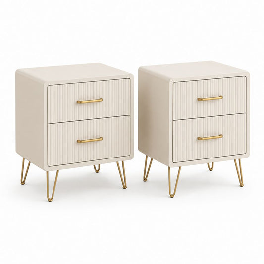 Ensemble de 2 tables rectangulaires avec 2 tiroirs en MDF et acier, crème et or, 40 × 35 × 55 cm