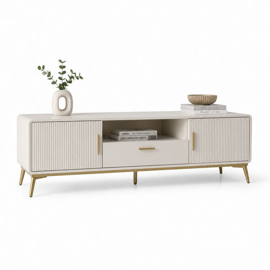 Mobile TV basse en MDF avec 2 portes rainurées, tiroir et compartiment ouvert, ivoire et or, 160 × 40 × 60 cm