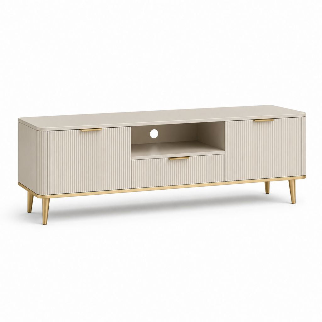 Mobile TV basse en MDF et acier beige et or avec 2 portes, tiroir et compartiment ouvert, 160 × 40 × 60 cm