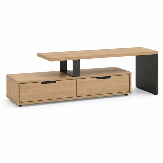 Mobile porte TV rectangulaire en bois et acier, chêne naturel et noir, avec 2 tiroirs et plateau élevé, 180 × 40 × 60 cm