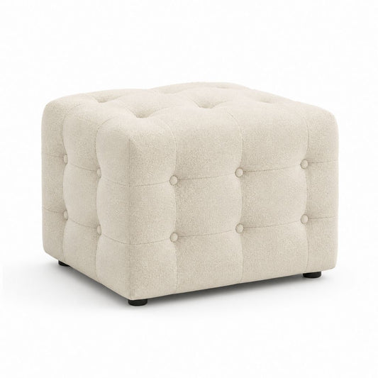 Poggiapiedi carré capitonné en Bouclé de polyester ivoire, 60 × 60 × 45 cm