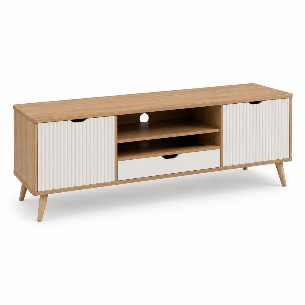 Mobile TV bas rectangulaire en bois chêne naturel et blanc mat, 150 × 40 × 60 cm, avec 2 portes, 2 étagères et 1 tiroir
