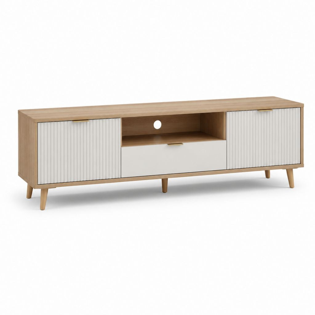 Mobile porte TV rectangulaire en panneau truciolaire et MDF, chêne naturel et blanc, 160 × 40 × 60 cm