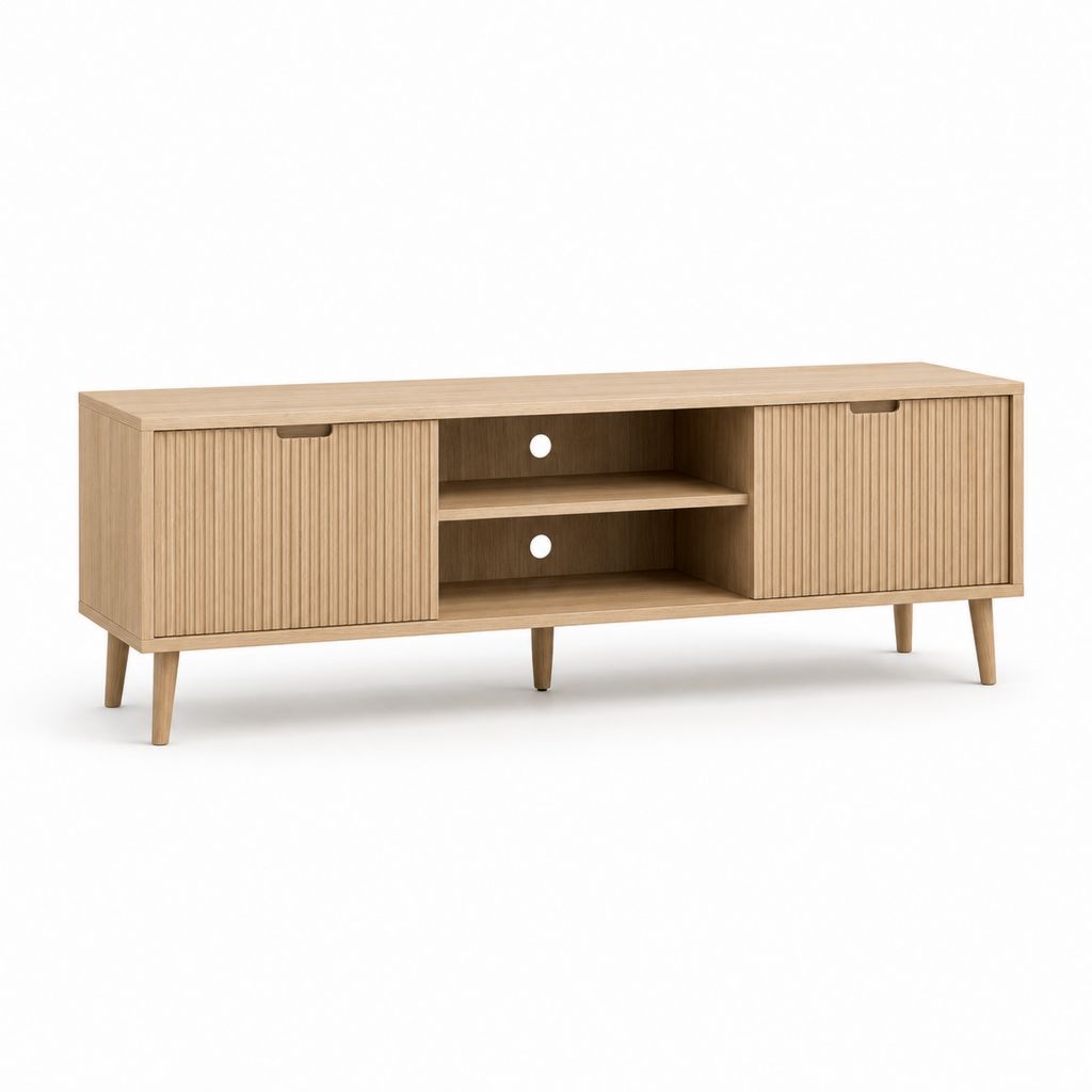 Mobile TV rectangulaire en bois et MDF, chêne naturel, 2 portes coulissantes et 2 compartiments ouverts, 160 × 40 × 60 cm