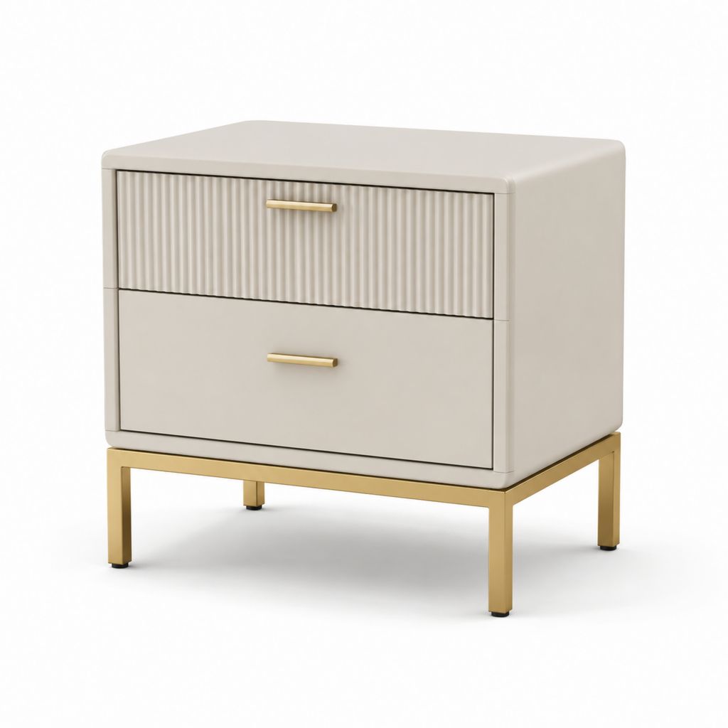 Table de nuit rectangulaire avec 2 tiroirs en MDF et acier, beige et doré, 50 × 40 × 55 cm