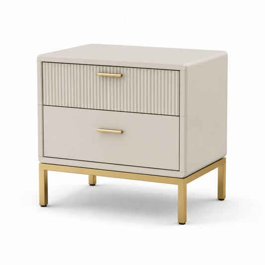 Table de nuit rectangulaire avec 2 tiroirs en MDF et acier, beige et doré, 50 × 40 × 55 cm