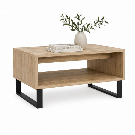Table basse rectangulaire en bois et métal, effet chêne naturel et noir, 90 × 60 × 45 cm