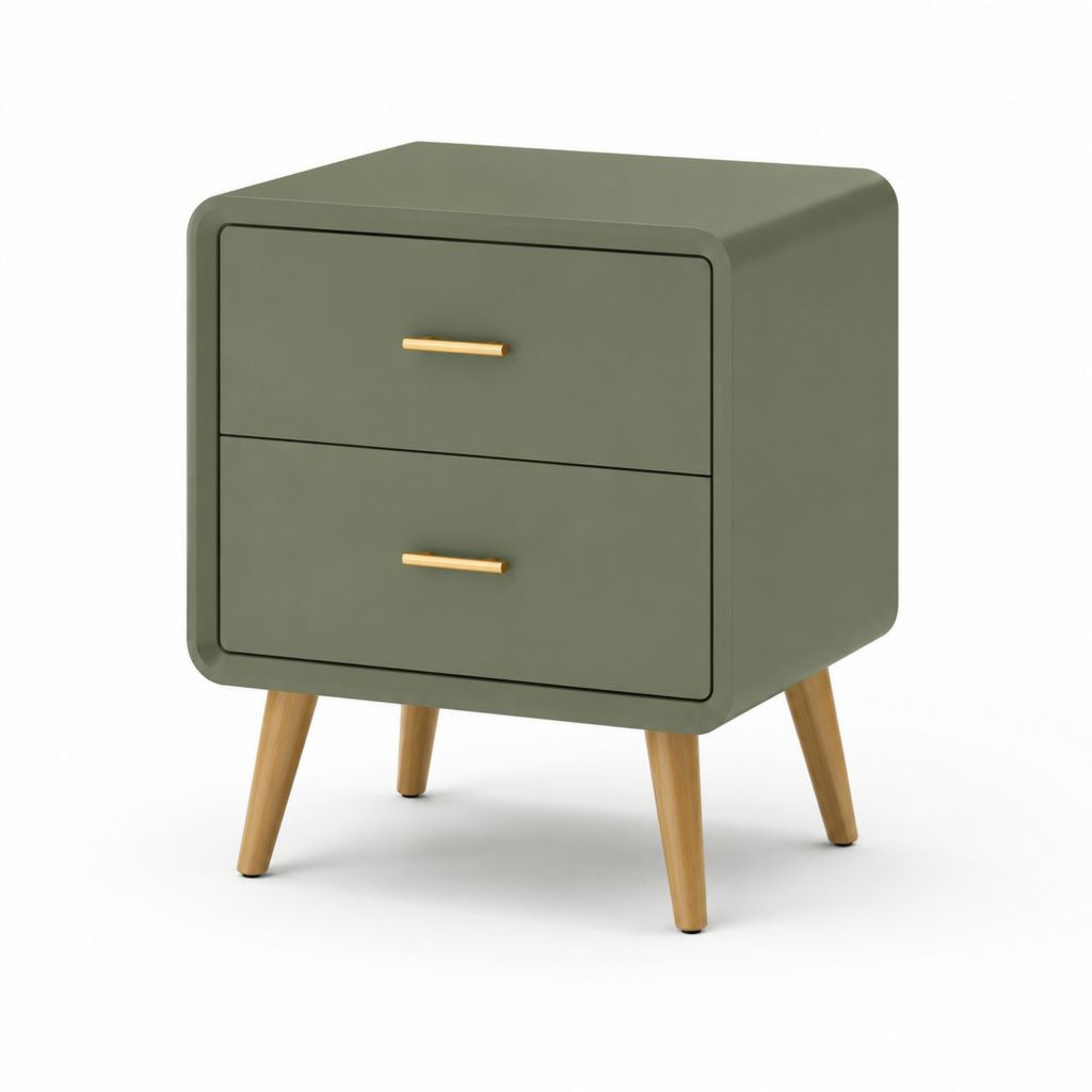 Table de nuit rectangulaire en bois avec 2 tiroirs et jambes en bois massif, vert olive, 50 × 40 × 60 cm
