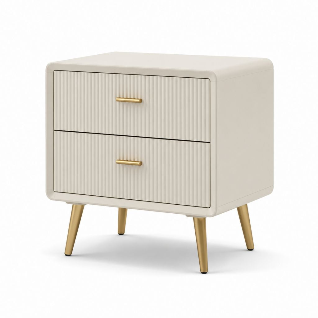 Table de nuit rectangulaire avec 2 tiroirs en MDF et acier, beige et or, 48 × 40 × 55 cm