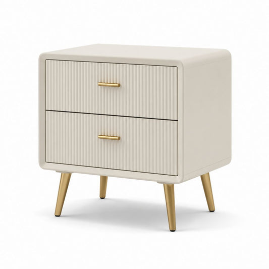 Table de nuit rectangulaire avec 2 tiroirs en MDF et acier, beige et or, 48 × 40 × 55 cm