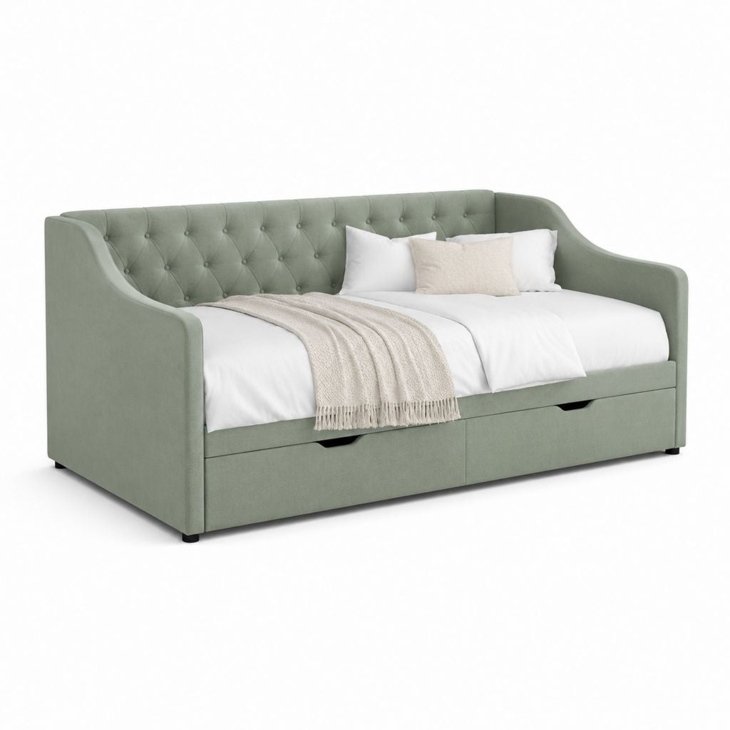 Canapé lit simple rembourré en velours vert sauge avec 2 tiroirs, 90 × 200 cm