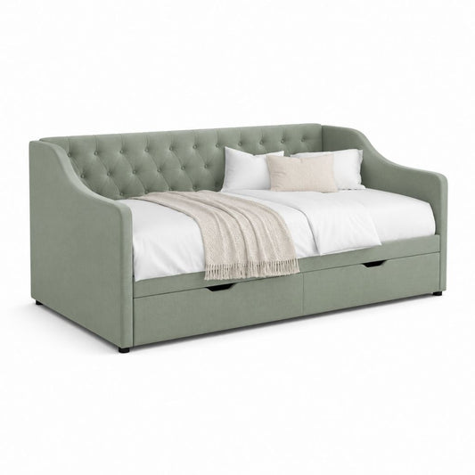 Canapé lit simple rembourré en velours vert sauge avec 2 tiroirs, 90 × 200 cm